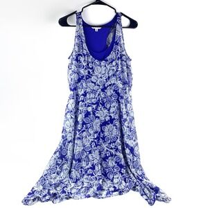 CAbi Willow Scoop Neck 2 in 1 Blue and White Floral Dress Womens M High Low Hem